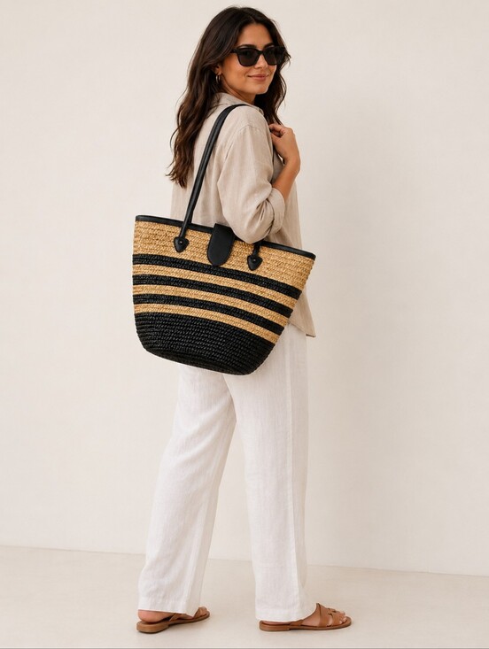 Handbags - Black & Natural Straw Tote Bag with Leather Handles